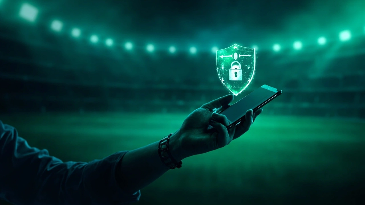 Smartphone protected by a cybersecurity shield for safe fantasy cricket KYC