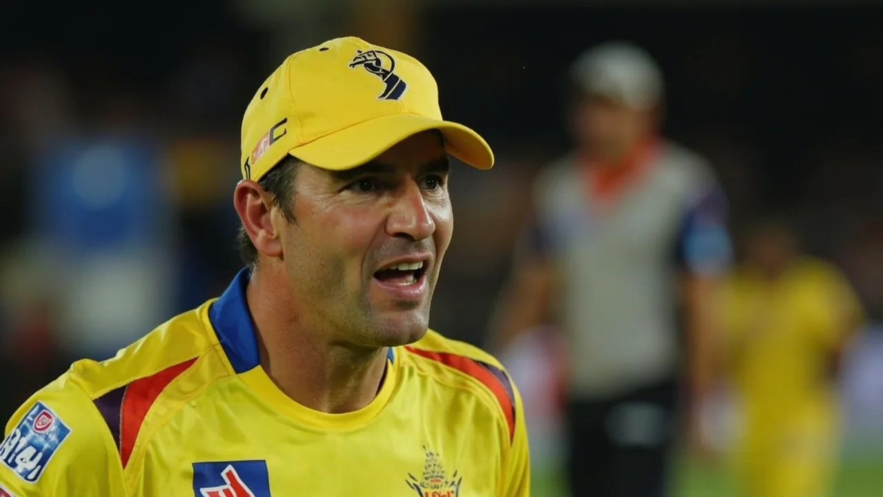 A Super Kings coach and captain study tactics from the dugout during a tense IPL chase