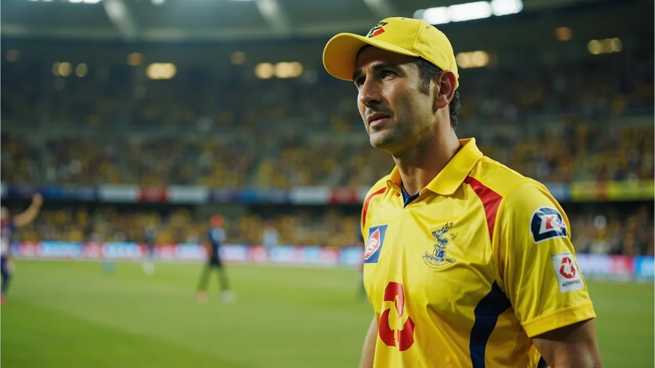 Chennai Super Kings players lift the IPL trophy at a floodlit stadium with the team colours on show
